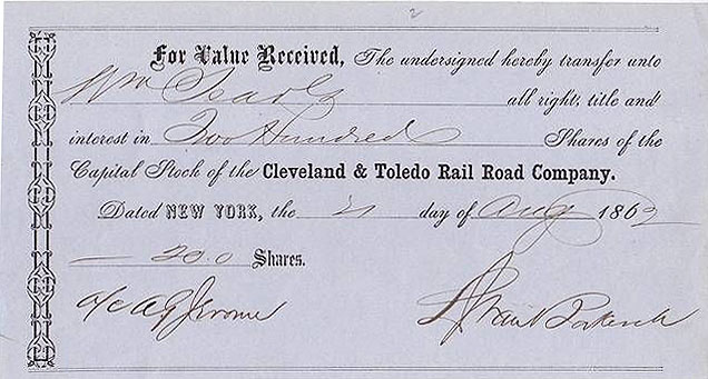Transfer receipt for shares of the Cleveland & Toledo Rail Road Co Transfer receipt for shares of the Cleveland & Toledo Rail Road Co