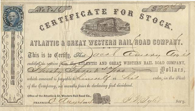 Receipt for $3 worth of stock in the Atlantic & Great Western Rail Road