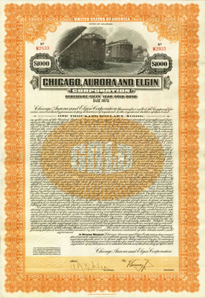 Typical railroad gold bond issued by the Chicago Aurora & Elgin Corporation in 1922 Typical railroad gold bond issued by the Chicago Aurora & Elgin Corporation in 1922