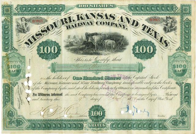 Missouri Kansas & Texas Railway stock with Jay Gould signature Missouri Kansas & Texas Railway stock with Jay Gould signature