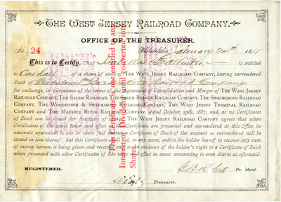 Receipt for exchange of stock of a purchased company into stock of the West Jersey Railroad