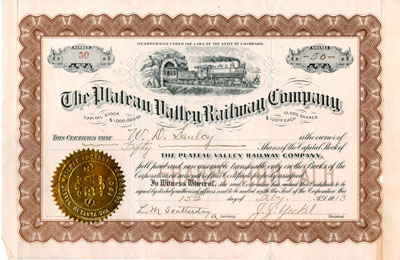 Rare stock certificate from The Plateau Valley Railway Co