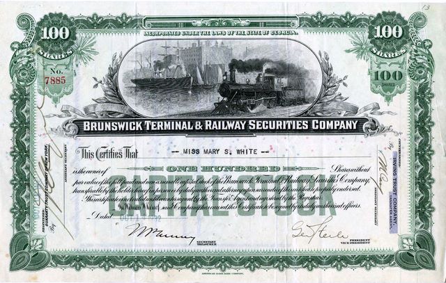 Brunswick Terminal & Railway Securities Company stock certificate