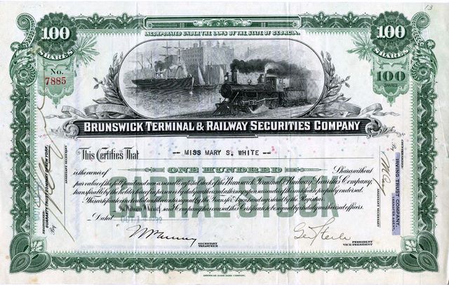 Brunswick Terminal & Railway Securities Company stock certificate Brunswick Terminal & Railway Securities Company stock certificate