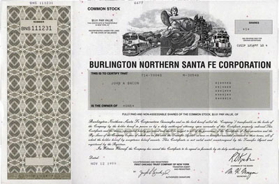 Burlington Northern Santa Fe stock certificate with computer-printed share values