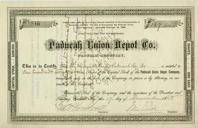 Stock certificate from the Paducah Union Depot Co